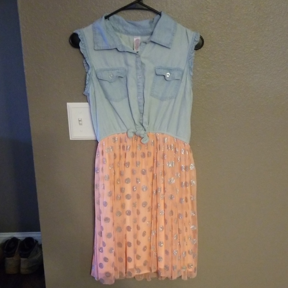 Denim Dress with tulle skirt.